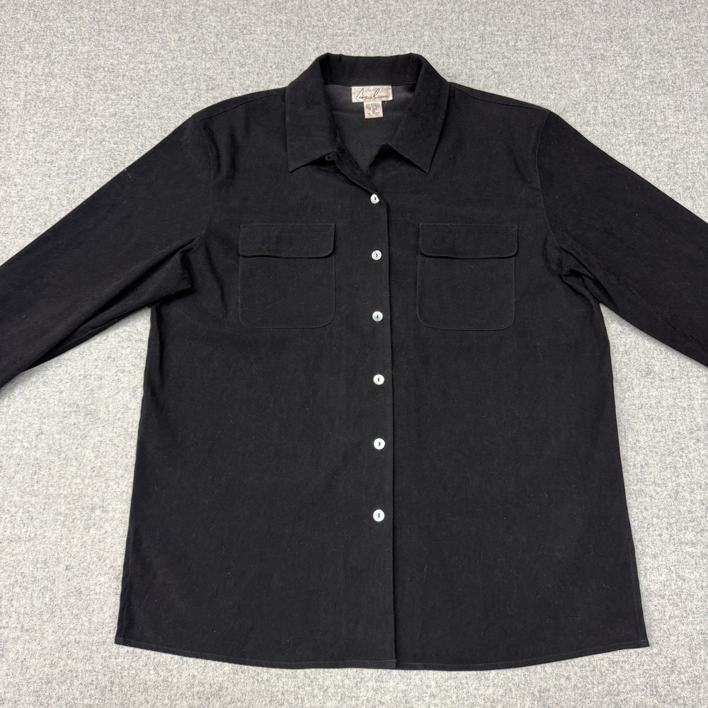 Anne Carson Button Down Shirt Large Black Long Sleeve Stretch Chest Pockets 1505